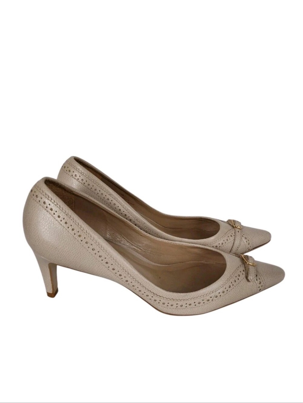 Talbots Leather Pumps Perforated Front Buckle Size 7.5 Beige High Heels